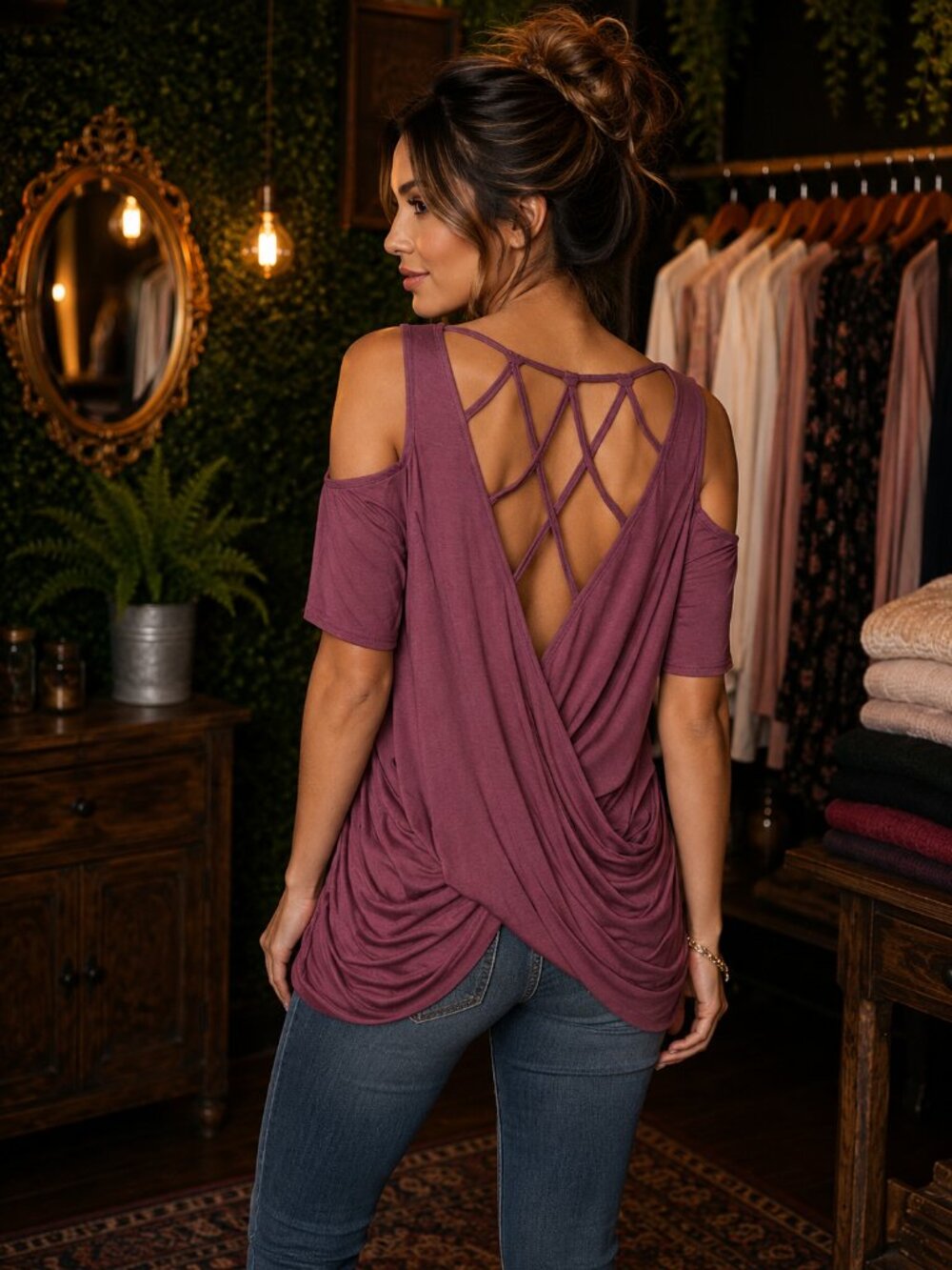 Open Back Drape Cold Shoulder Top